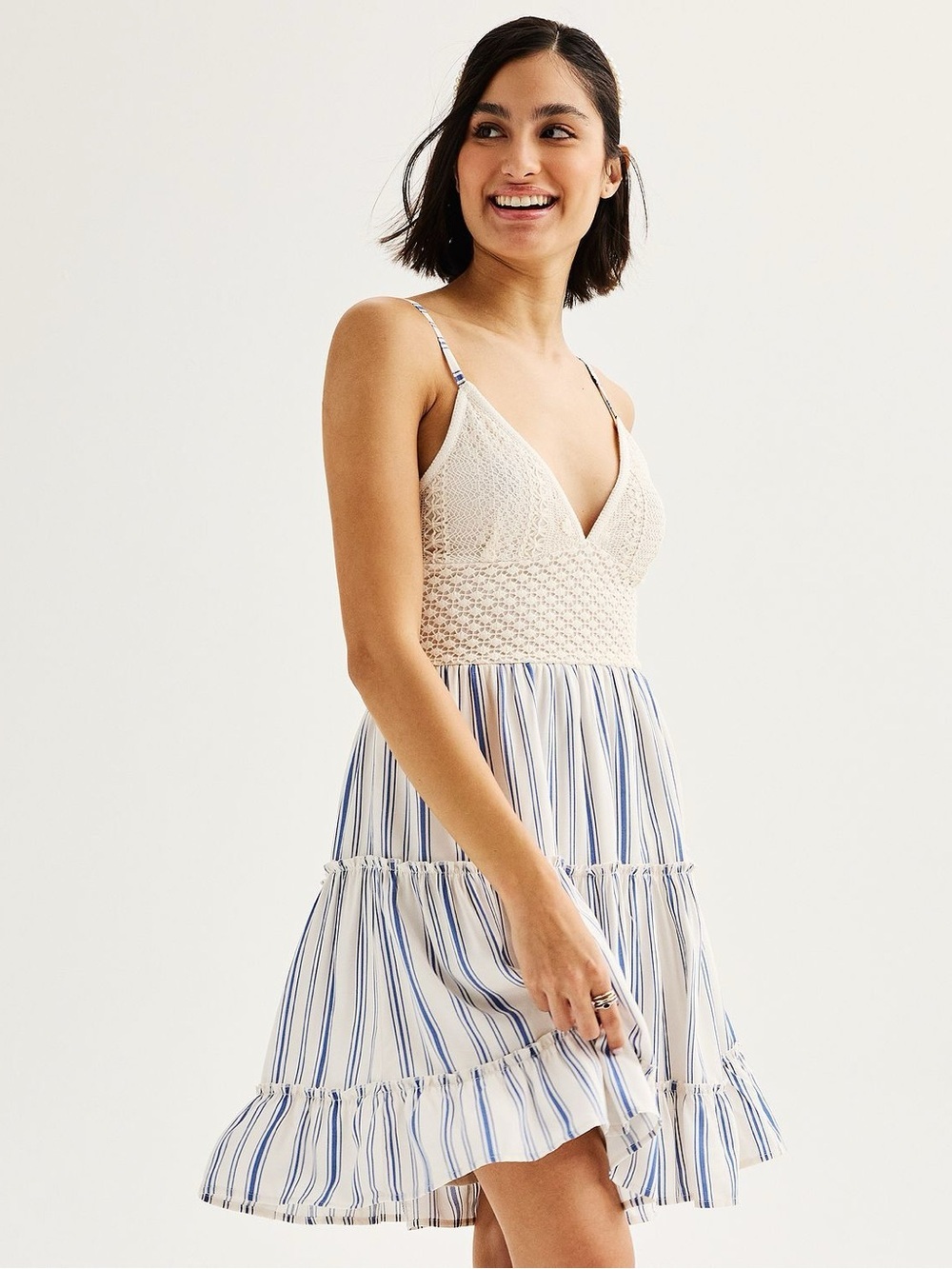 Almost Famous Crochet Bodice Striped Sundress White & Blue Size Small